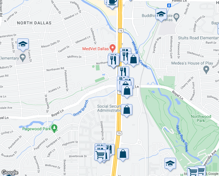map of restaurants, bars, coffee shops, grocery stores, and more near 7928 Royal Lane in Dallas