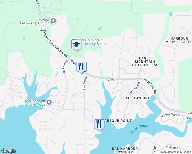map of restaurants, bars, coffee shops, grocery stores, and more near 9385 Boat Club Road in Fort Worth