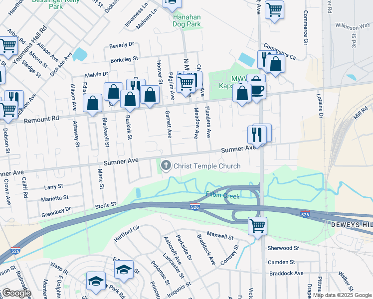 map of restaurants, bars, coffee shops, grocery stores, and more near 1270 Sumner Avenue in North Charleston