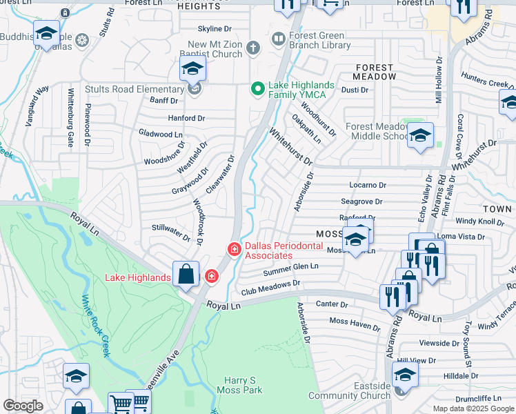 map of restaurants, bars, coffee shops, grocery stores, and more near 9032 Green Oaks Circle in Dallas