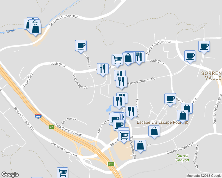map of restaurants, bars, coffee shops, grocery stores, and more near 10254 Wateridge Circle in San Diego
