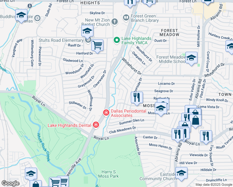 map of restaurants, bars, coffee shops, grocery stores, and more near 9032 Green Oaks Circle in Dallas