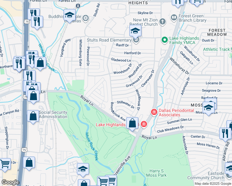 map of restaurants, bars, coffee shops, grocery stores, and more near 8826 Clearwater Drive in Dallas