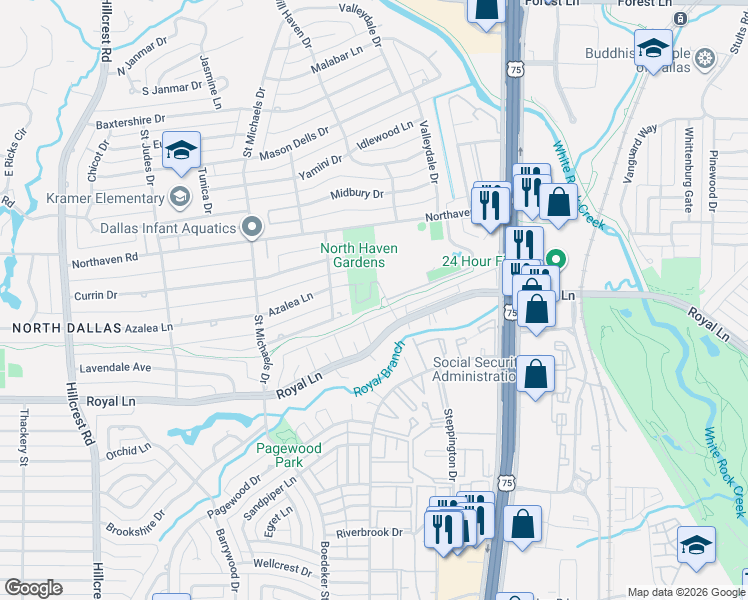 map of restaurants, bars, coffee shops, grocery stores, and more near 7744 Verbena Court in Dallas