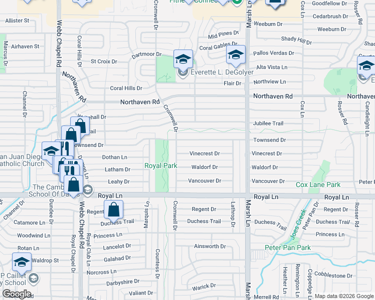 map of restaurants, bars, coffee shops, grocery stores, and more near 3528 Vinecrest Drive in Dallas