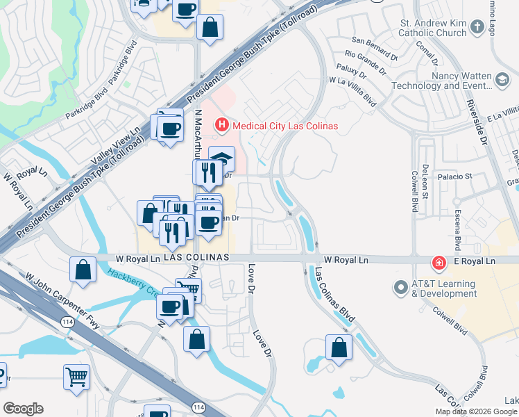 map of restaurants, bars, coffee shops, grocery stores, and more near 603 Via Ravello in Irving