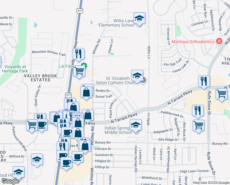 map of restaurants, bars, coffee shops, grocery stores, and more near 237 Rodeo Drive in Keller