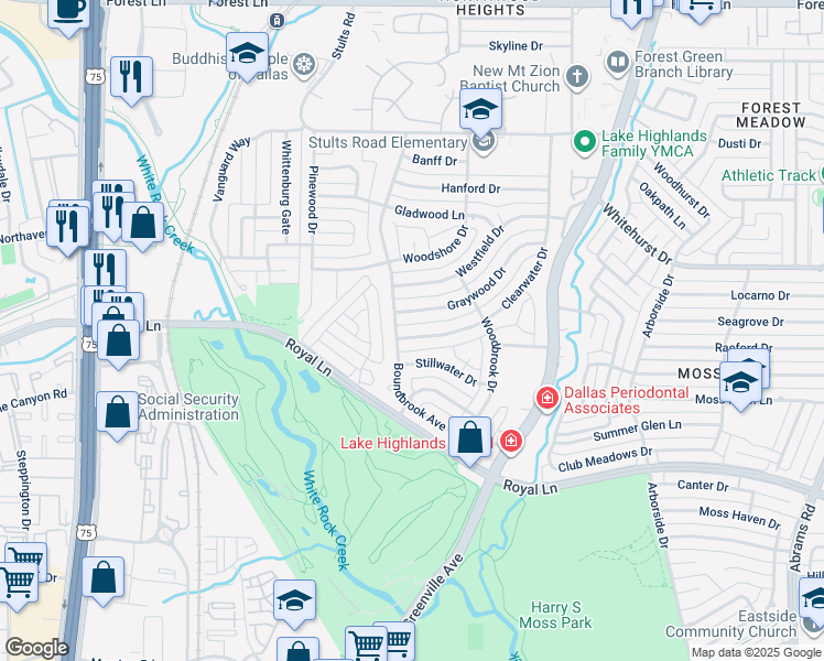 map of restaurants, bars, coffee shops, grocery stores, and more near 8826 Clearwater Drive in Dallas