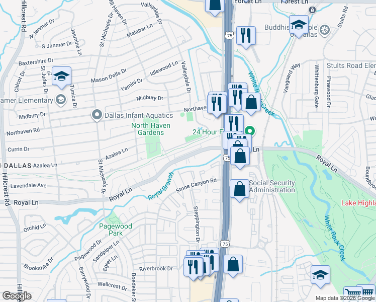 map of restaurants, bars, coffee shops, grocery stores, and more near 7720 Royal Lane in Dallas