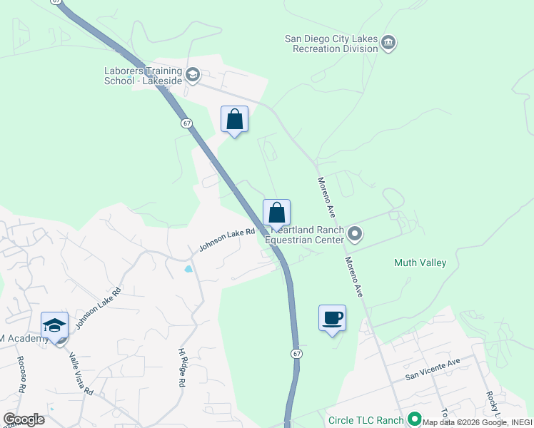 map of restaurants, bars, coffee shops, grocery stores, and more near 12101 California 67 in Lakeside