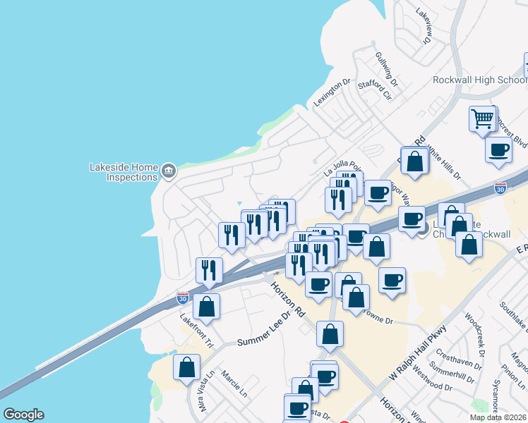 map of restaurants, bars, coffee shops, grocery stores, and more near Augusta Boulevard in Rockwall