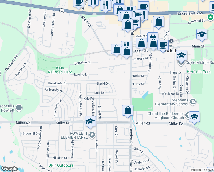 map of restaurants, bars, coffee shops, grocery stores, and more near 3102 David Drive in Rowlett