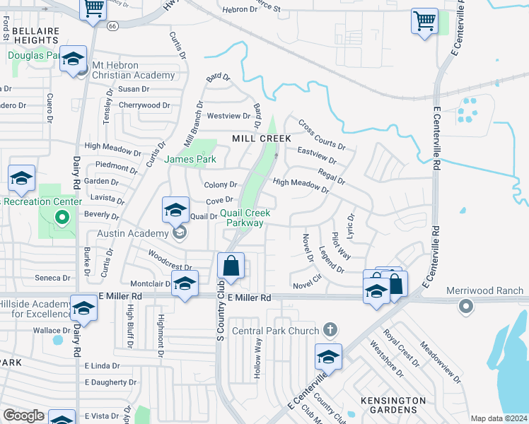 map of restaurants, bars, coffee shops, grocery stores, and more near 1410 Bob White Drive in Garland