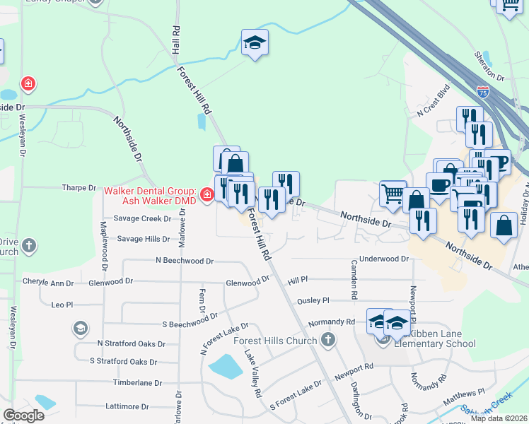 map of restaurants, bars, coffee shops, grocery stores, and more near 3990 Northside Drive in Macon