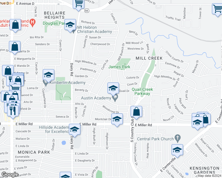 map of restaurants, bars, coffee shops, grocery stores, and more near 1104 Quail Drive in Garland