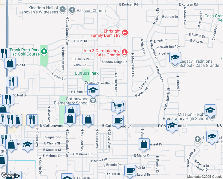 map of restaurants, bars, coffee shops, grocery stores, and more near 851 East Palm Park Boulevard in Casa Grande