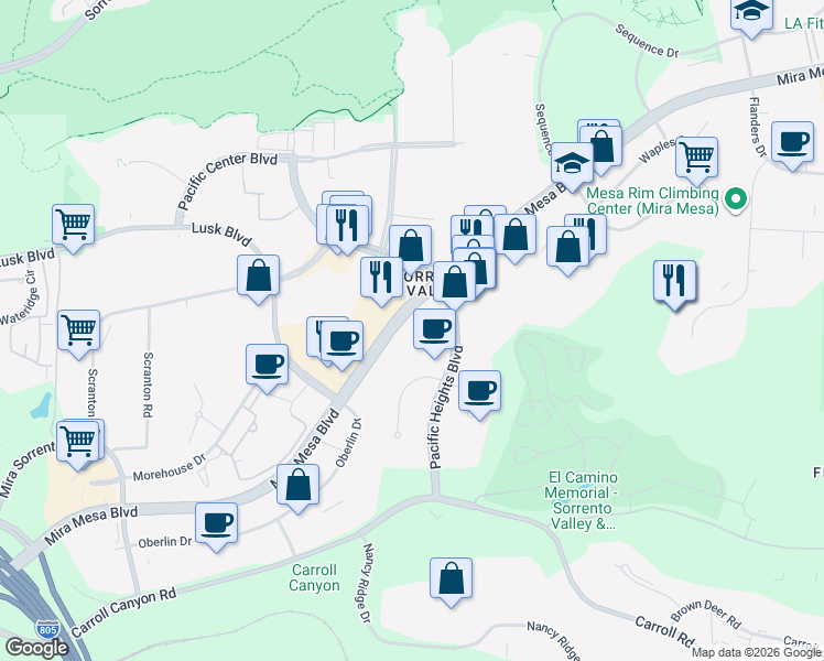 map of restaurants, bars, coffee shops, grocery stores, and more near 6046 Cornerstone Court West in San Diego