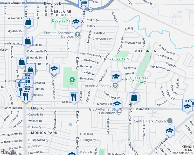 map of restaurants, bars, coffee shops, grocery stores, and more near 1602 Curtis Drive in Garland