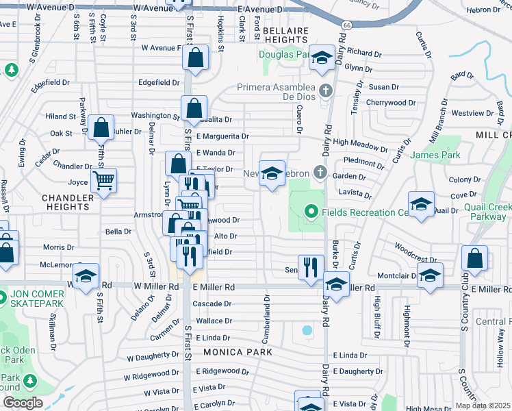 map of restaurants, bars, coffee shops, grocery stores, and more near 307 Southwood Drive in Garland