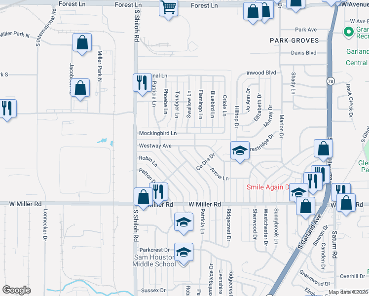 map of restaurants, bars, coffee shops, grocery stores, and more near 1708 Morningside Drive in Garland