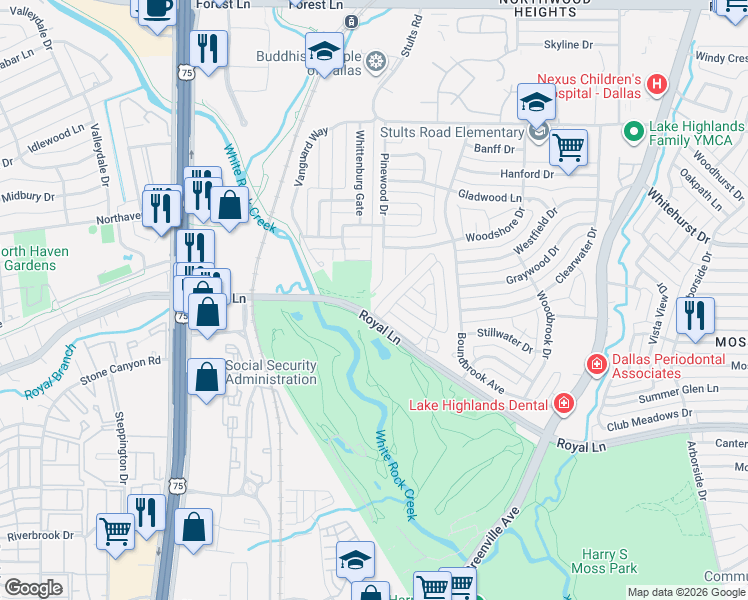 map of restaurants, bars, coffee shops, grocery stores, and more near 8304 Coral Drive in Dallas