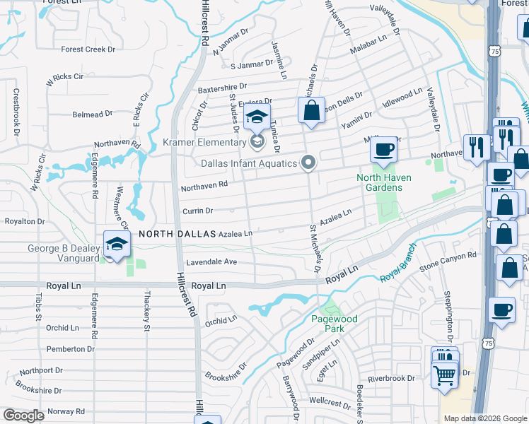 map of restaurants, bars, coffee shops, grocery stores, and more near 7115 Azalea Lane in Dallas