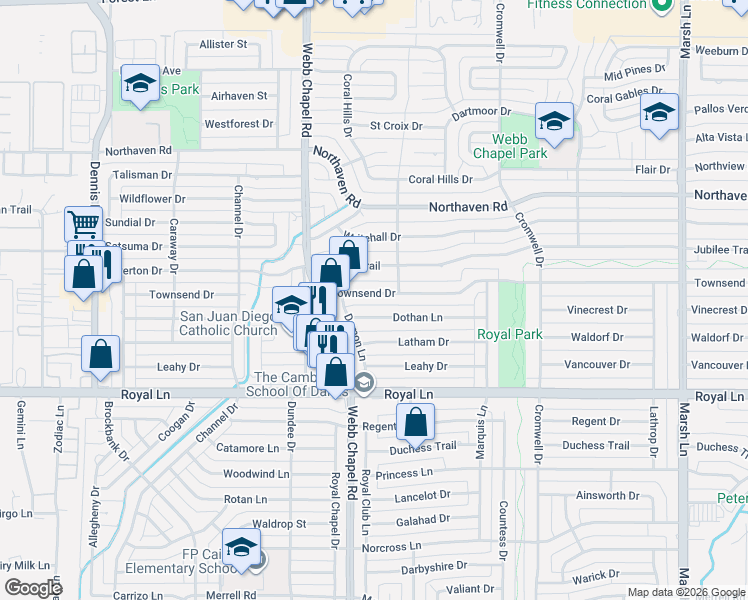 map of restaurants, bars, coffee shops, grocery stores, and more near 3215 Dothan Lane in Dallas