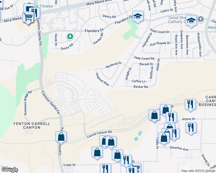 map of restaurants, bars, coffee shops, grocery stores, and more near 9928 Osgood Way in San Diego