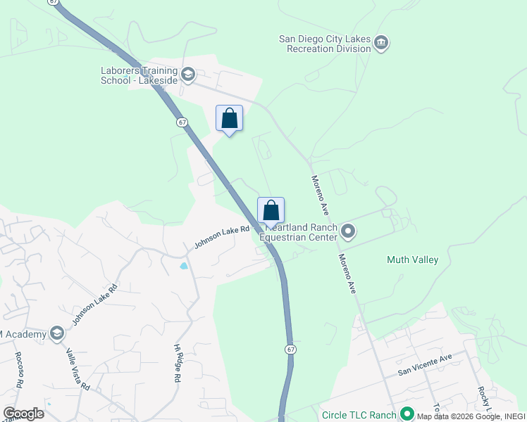 map of restaurants, bars, coffee shops, grocery stores, and more near 12101 California 67 in Lakeside