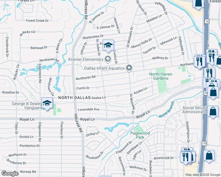 map of restaurants, bars, coffee shops, grocery stores, and more near 7115 Azalea Lane in Dallas