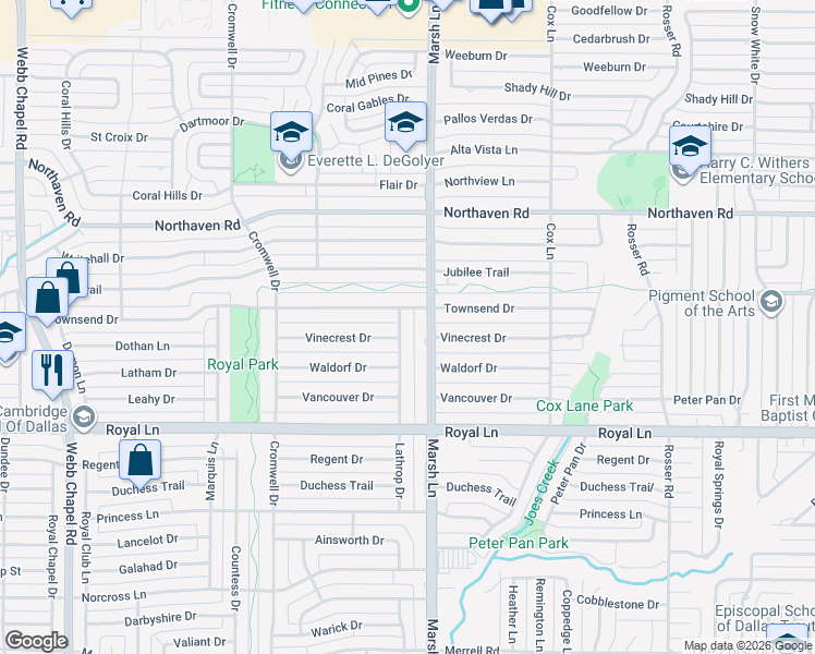 map of restaurants, bars, coffee shops, grocery stores, and more near 11007 Marsh Lane in Dallas