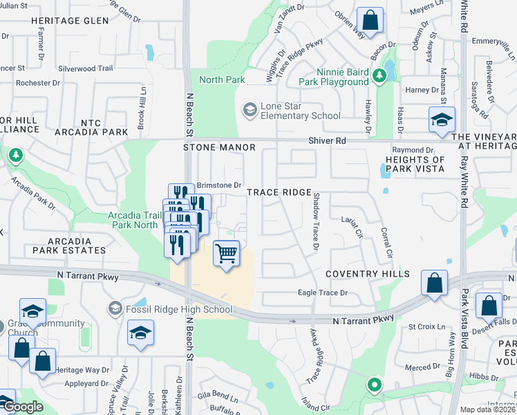 map of restaurants, bars, coffee shops, grocery stores, and more near 8721 Sunset Trace Drive in Fort Worth