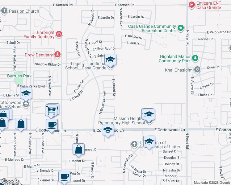 map of restaurants, bars, coffee shops, grocery stores, and more near 1720 Hubbard Street in Casa Grande