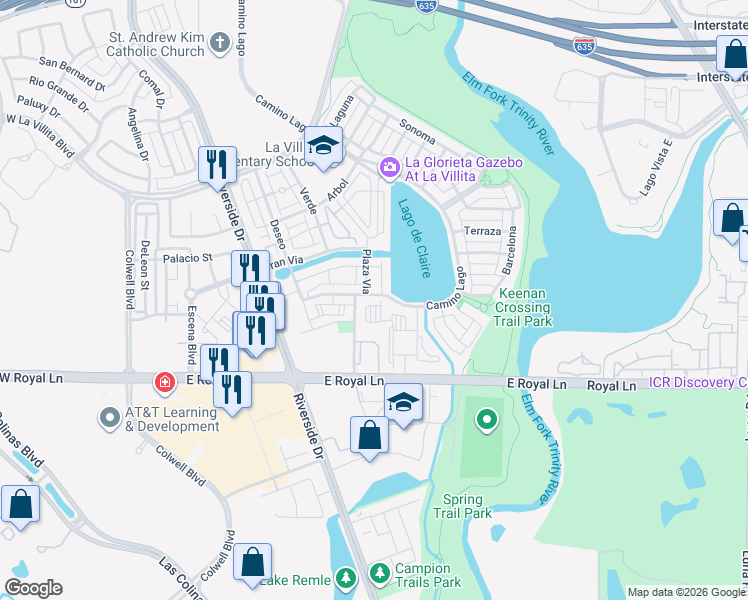 map of restaurants, bars, coffee shops, grocery stores, and more near 659 East Royal Lane in Irving