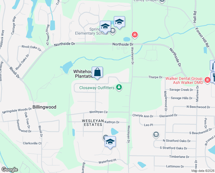 map of restaurants, bars, coffee shops, grocery stores, and more near 5282 White House Plantation Road in Macon