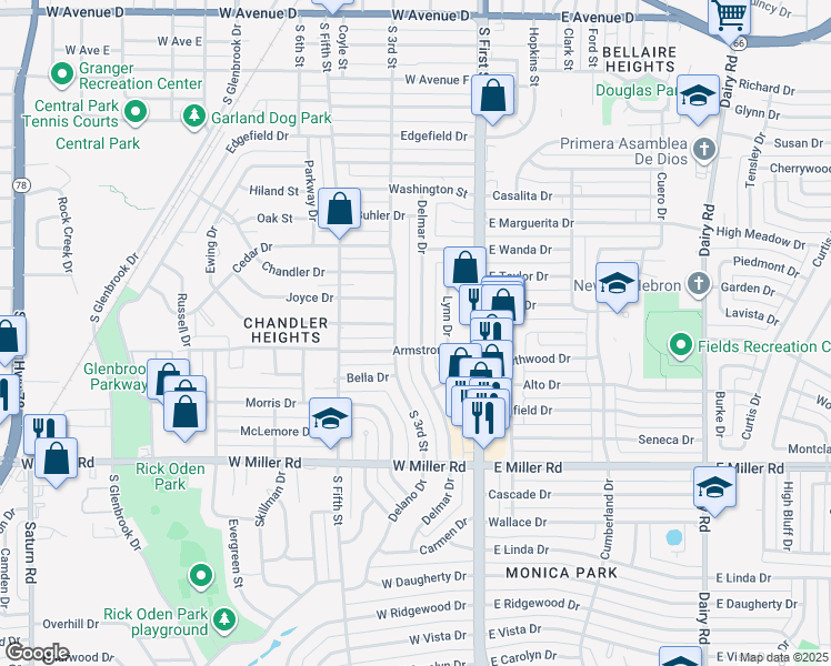 map of restaurants, bars, coffee shops, grocery stores, and more near 1607 Delmar Drive in Garland