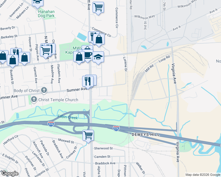 map of restaurants, bars, coffee shops, grocery stores, and more near 5474 Turner Street in North Charleston