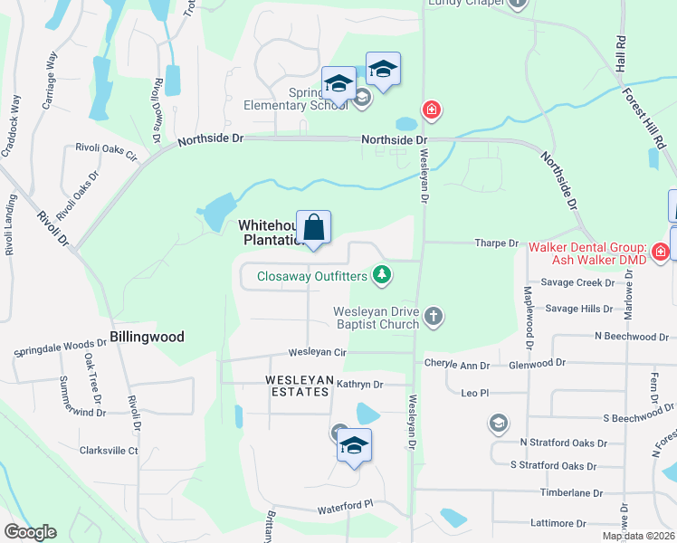 map of restaurants, bars, coffee shops, grocery stores, and more near 5282 White House Plantation Rd in Macon