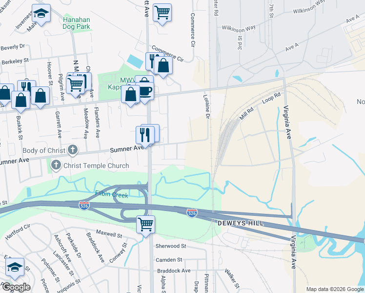 map of restaurants, bars, coffee shops, grocery stores, and more near 5474 Turner Street in North Charleston