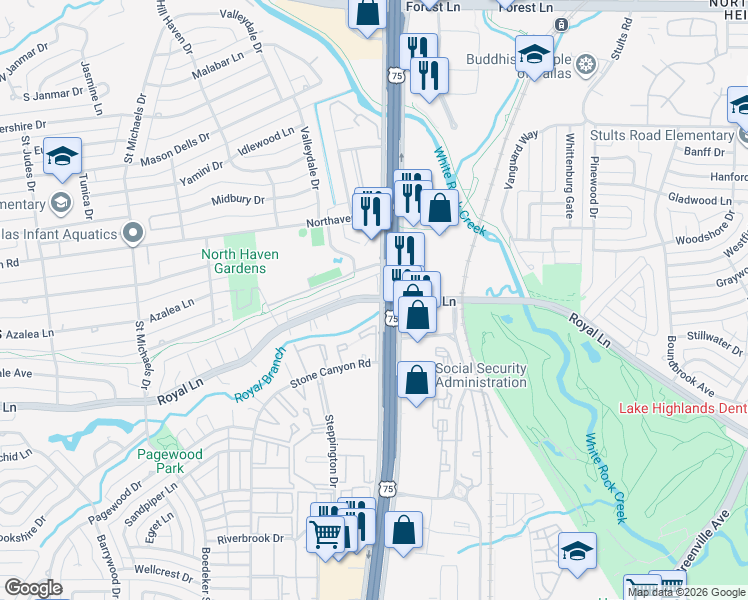 map of restaurants, bars, coffee shops, grocery stores, and more near 10951 Stone Canyon Road in Dallas