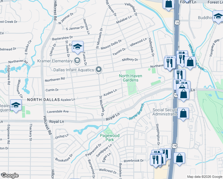 map of restaurants, bars, coffee shops, grocery stores, and more near 7406 Azalea Lane in Dallas