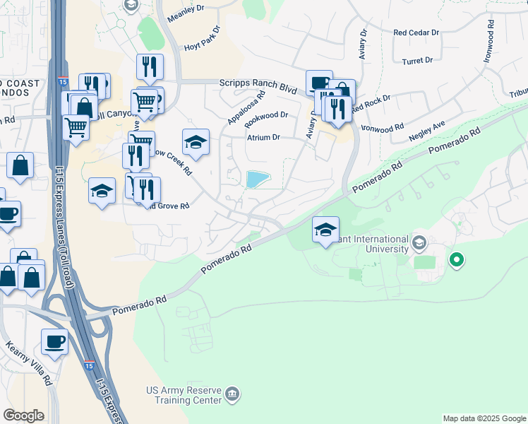 map of restaurants, bars, coffee shops, grocery stores, and more near 10304 Caminito Banyon in San Diego