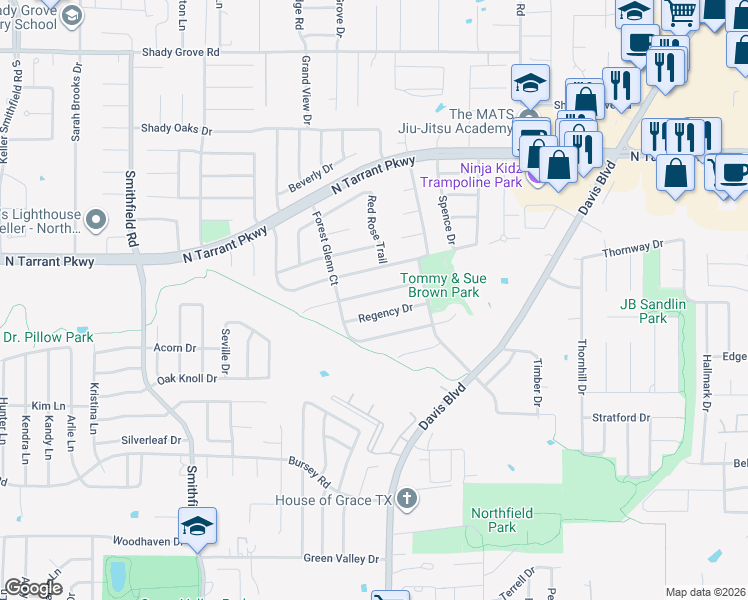map of restaurants, bars, coffee shops, grocery stores, and more near 8213 Regency Drive in North Richland Hills