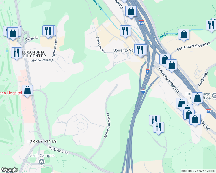 map of restaurants, bars, coffee shops, grocery stores, and more near 10646 Science Center Drive in San Diego