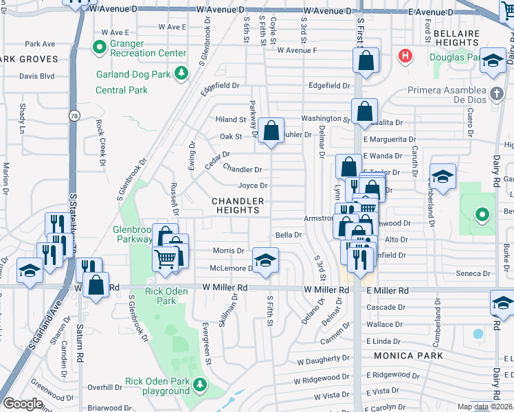map of restaurants, bars, coffee shops, grocery stores, and more near 512 Armstrong Drive in Garland