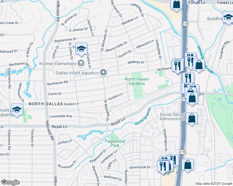 map of restaurants, bars, coffee shops, grocery stores, and more near 7406 Azalea Lane in Dallas