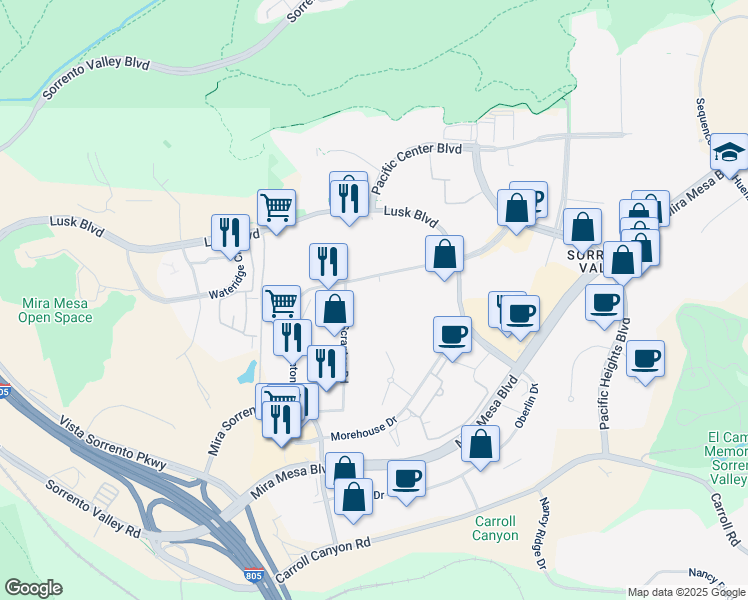 map of restaurants, bars, coffee shops, grocery stores, and more near 10075 Barnes Canyon Road in San Diego