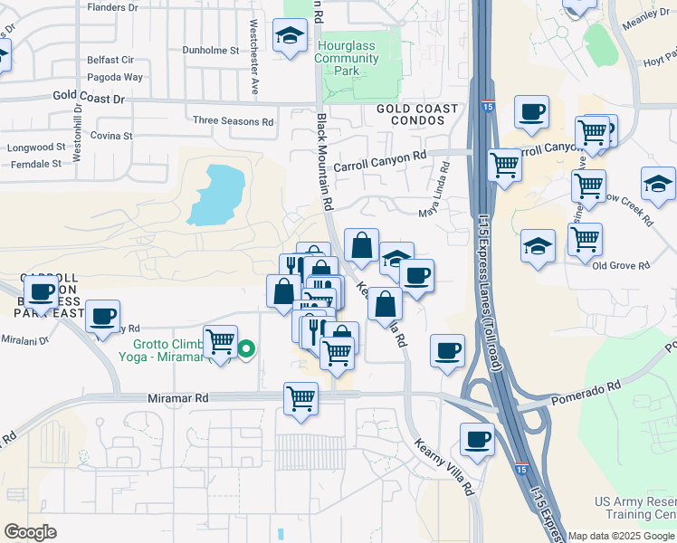 map of restaurants, bars, coffee shops, grocery stores, and more near 9625 Black Mountain Road in San Diego