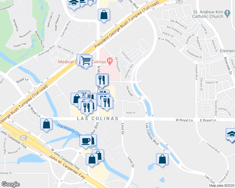 map of restaurants, bars, coffee shops, grocery stores, and more near 605 Via Ravello in Irving