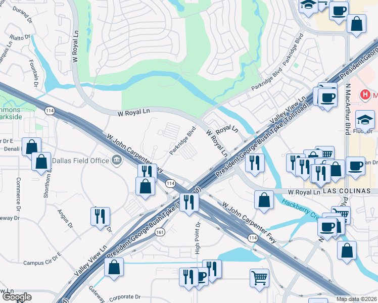 map of restaurants, bars, coffee shops, grocery stores, and more near in Irving